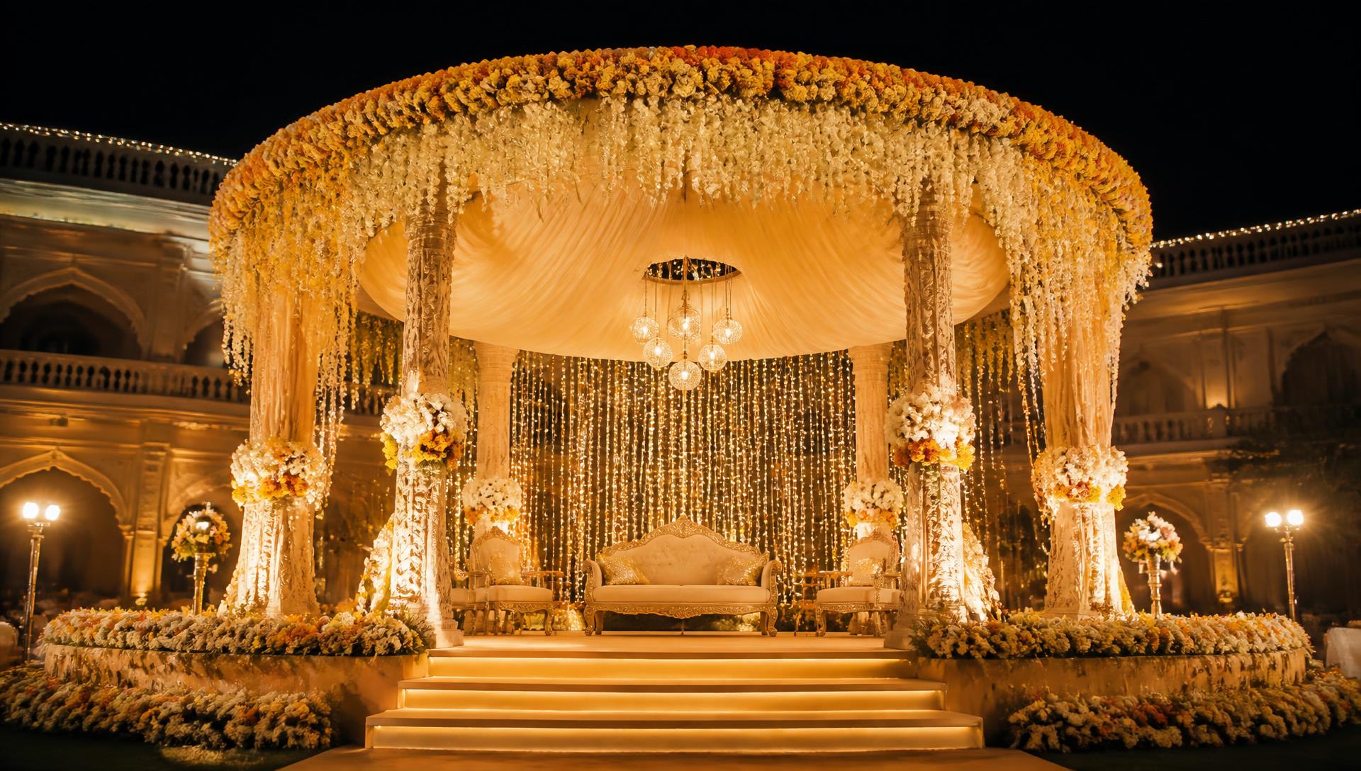 Grand floral wedding mandap lit with warm golden lights by Rambhakt Event Company