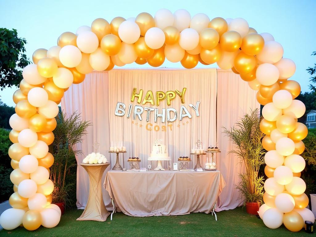 Gold and cream balloon arch with a birthday dessert table
