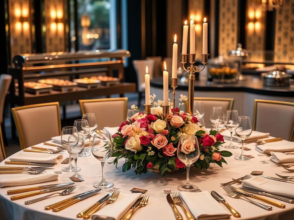 Luxury banquet table setting with floral centrepiece and candles
