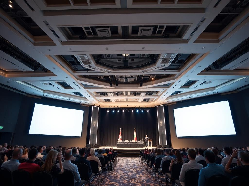 Corporate conference hall with stage and LED screens