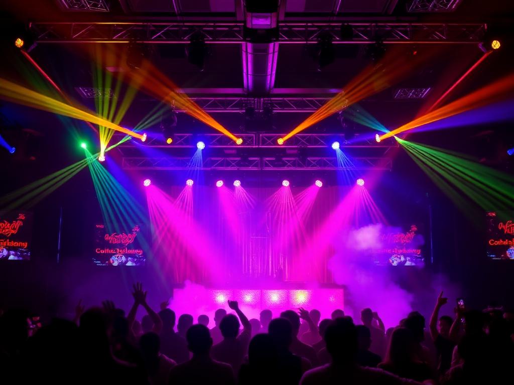 Sangeet night DJ stage with colourful concert lighting