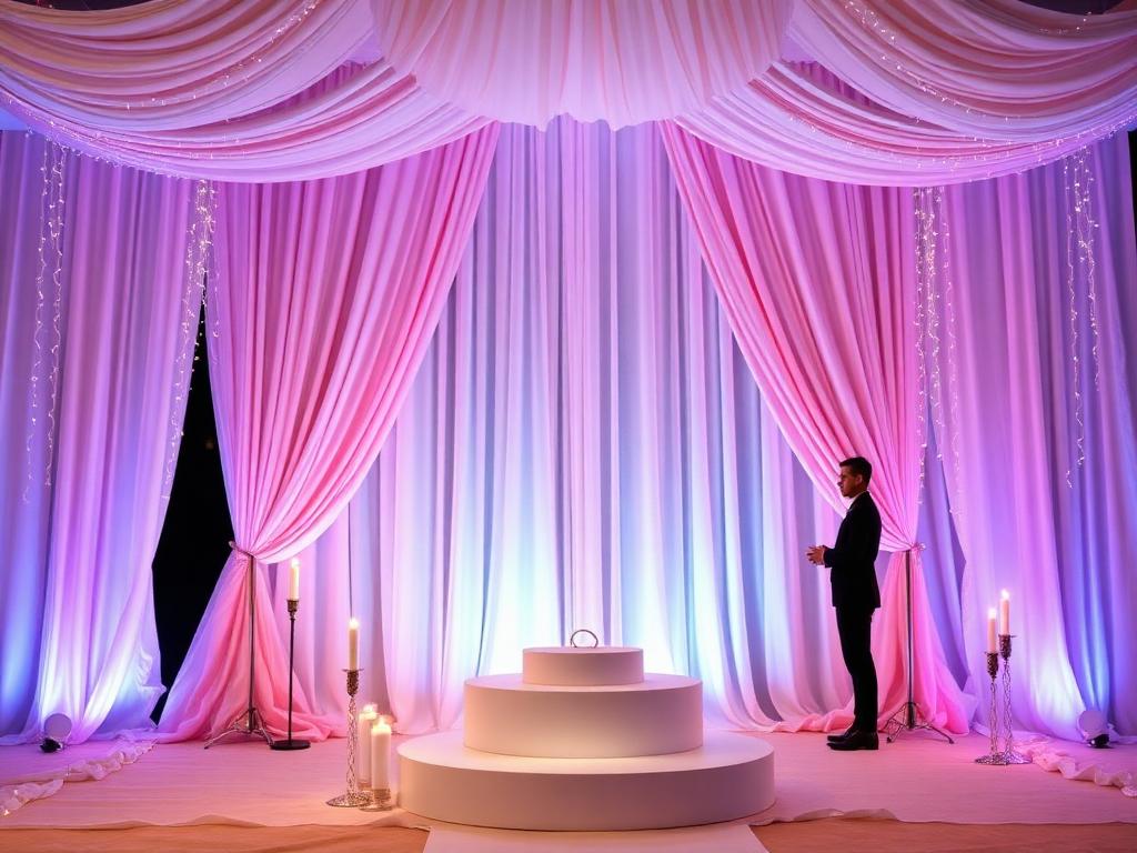 Pastel draped engagement stage with ring platform and candles