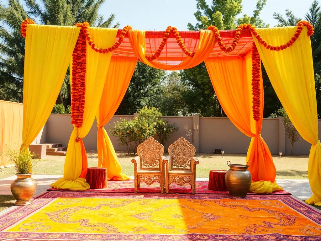 Marigold haldi ceremony setup with yellow and orange drapes