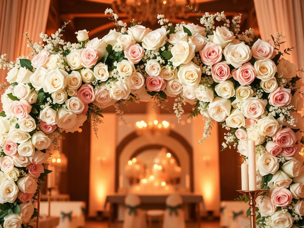 White and blush rose floral arch with candles at a wedding